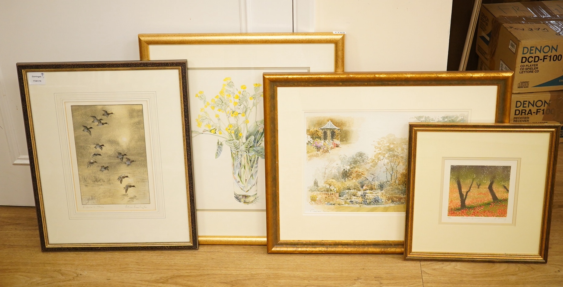 Four watercolours and prints including a still life of flowers, garden scene and an etching of flying geese, largest 38 x 32cm. Condition - mostly good